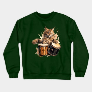 Maine Coon Cat Playing Drums Crewneck Sweatshirt